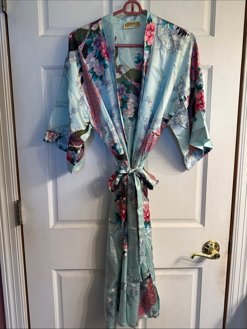 Light Blue Floral Peacock Satin Kimono Robe
